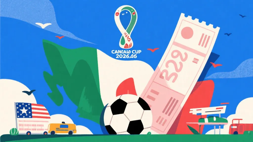 2026年美加墨世界杯概念图，包含足球与高昂旅行账单元素